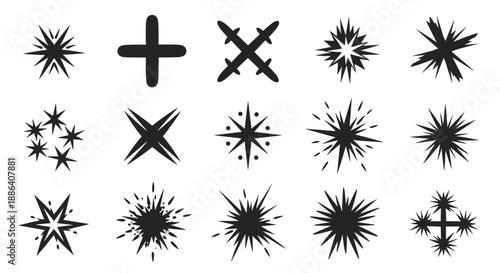 Collection of fifteen black sparkle and starburst icons in various shapes for decorative graphic design elements.