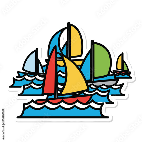 Colorful Sailing Boats on Ocean Waves.