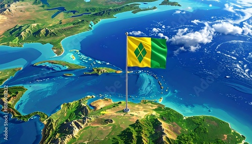 Wallpaper Mural Saint Vincent and the Grenadines flag over Caribbean map. Torontodigital.ca