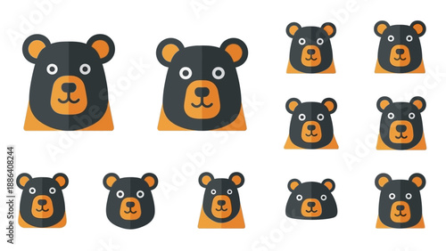 Collection of Flat Design Bear Faces with Different Expressions.