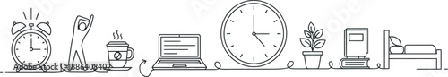 line drawing of various office and home items in a row including clock laptop and plant