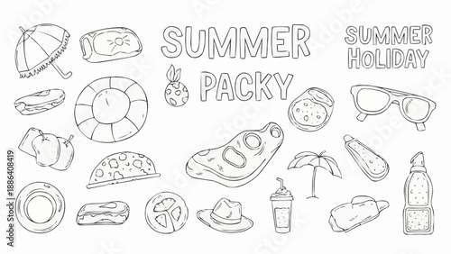 Summer holiday packing list items and text.