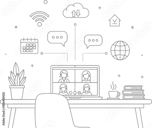 line drawing of a desk with laptop and people on video call with office and communication icons