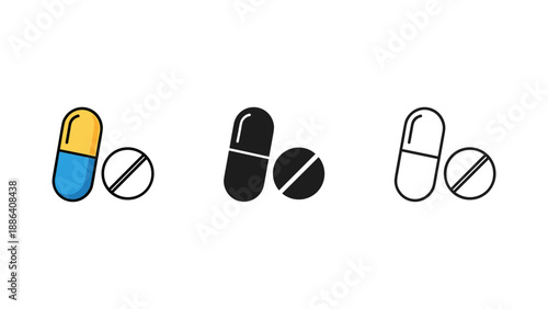 Set of Three Pills with Different Colors and Symbols