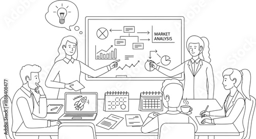 Business team discussing market analysis and strategy in a meeting room with whiteboard and laptop