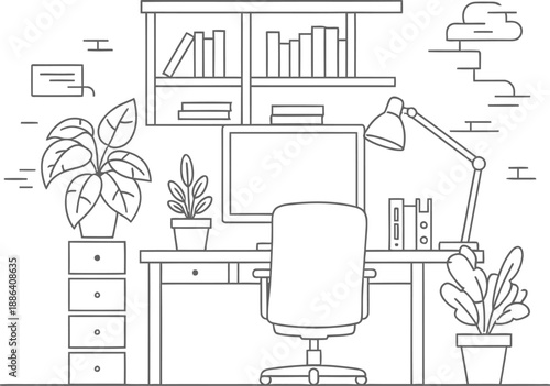 A desk with a computer monitor and office supplies on a table with plants