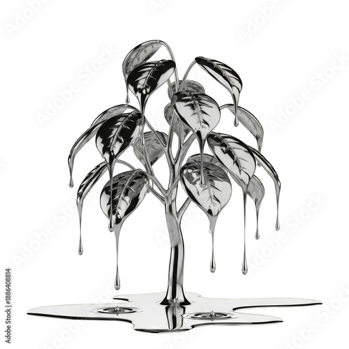 Surreal metallic tree with molten chrome leaves dripping into a reflective puddle, evoking fluidity and transformation. Ideal for abstract, conceptual, and sci-fi designs. PNG format, transparent back
