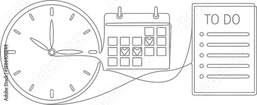 Line art illustration of clock calendar and to do list on transparent background for time management and organization