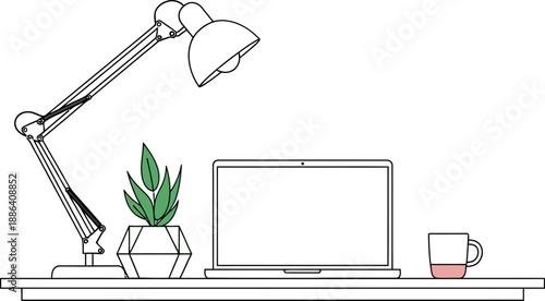 line art of desk with laptop plant lamp and mug on white