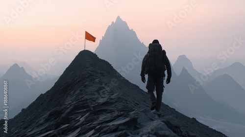 Person with backpack hiking along a rocky mountain ridge towards a red flag, representing a goal or ambition