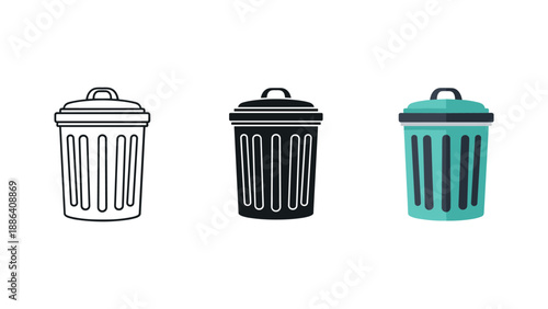 Three Different Trash Bins in Black and White with One Colored
