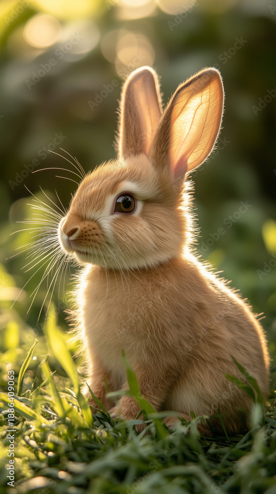 Fototapeta premium Cute Easter bunny sitting on green grass in spring close up