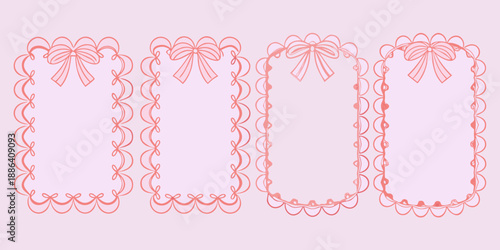 Four decorative pink frames with ruffled edges and ribbon bows displayed