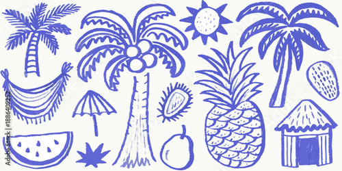 Blue line art illustration of tropical fruits palms and beach elements