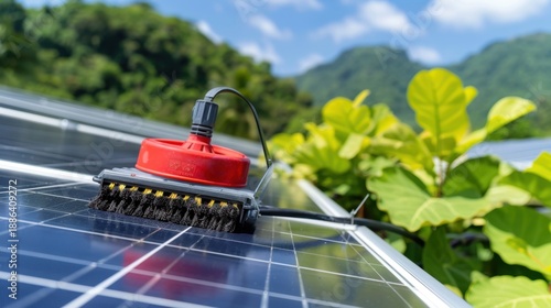 Wallpaper Mural Solar Panel Cleaning Brush for Maintenance with Beautiful Background of Green Hills and Clear Blue Sky Torontodigital.ca