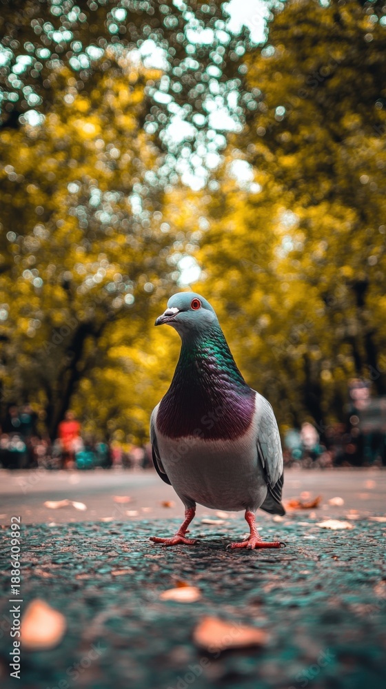 Obraz premium Pigeon standing on city pavement with autumn trees background