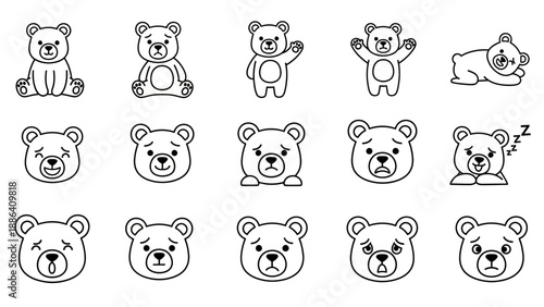 Cute Cartoon Bear Emoticons and Poses Collection.