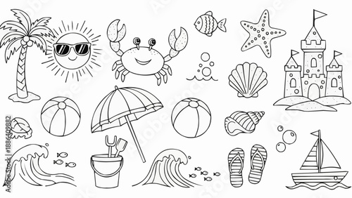 Summer Beach Vacation Elements Doodle Collection.