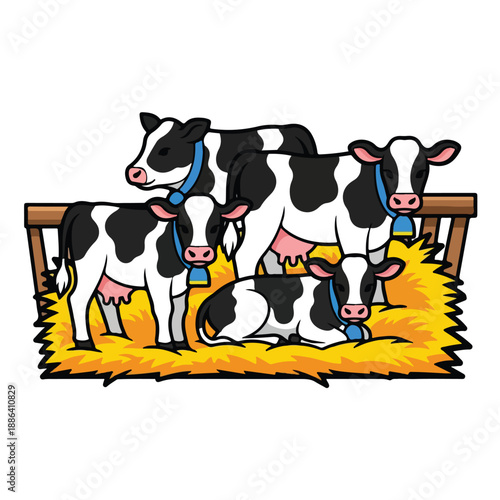Cows Standing and Lying in Barn.