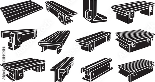 Various Industrial Metal Beams and Tracks in Black and White