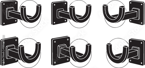 Set of black metal door holders in various positions