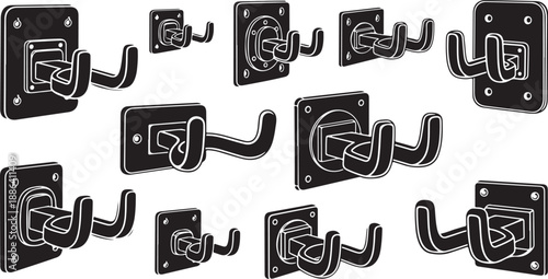 Various black metal hooks on a white background illustration