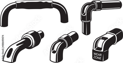 Illustration of various pipe fittings and connectors in black