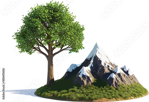 Realistic Green Tree and Snow Capped Mountain Peak on Isolated Island