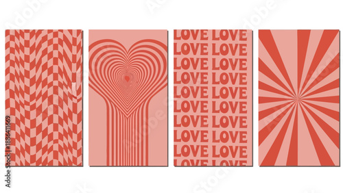 Four distinct graphic designs featuring red patterns and the word love on a light background from a direct viewpoint