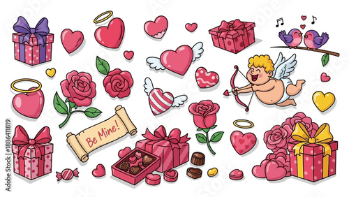 Valentine's Day illustration featuring cupid, roses, hearts, and gifts in a whimsical arrangement