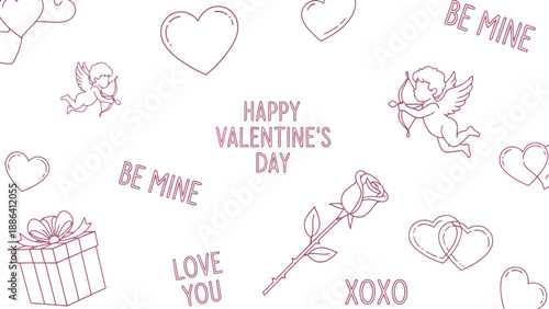 Valentine's Day celebration with hearts, roses, and cupid surrounding love messages
