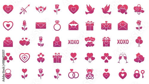 Collection of pink icons representing love, romance, and relationships displayed on a clean background from a direct viewpoint