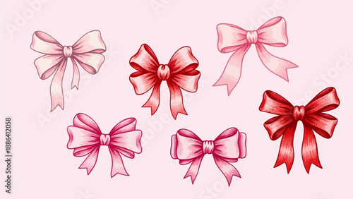 Collection of red and pink bows arranged in a circular pattern on a soft background
