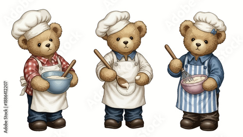 Three bears cooking together in the kitchen with mixing bowls and utensils from different viewpoints