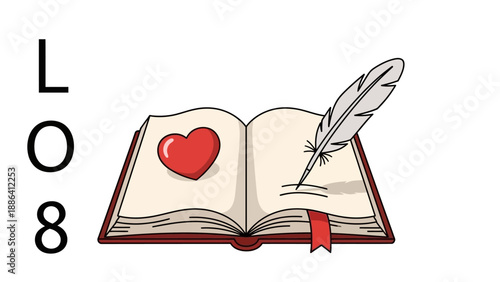 A red heart on an open book with a feather quill on the right page viewed from directly above
