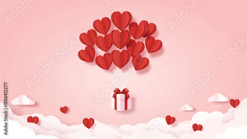 Gift box floating among red hearts and clouds against a soft pink gradient background with a serene atmosphere