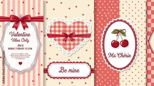 Collection of Valentine's Day greeting cards with hearts and cherries in vintage style