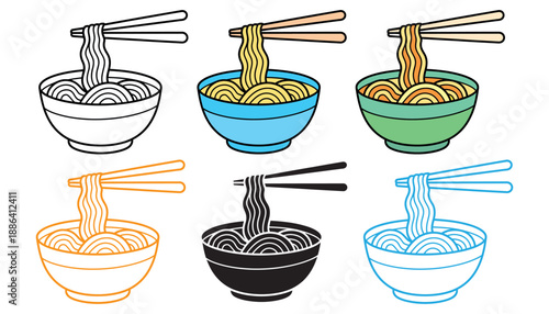 A vibrant collection of noodle bowls with chopsticks in various styles and colors