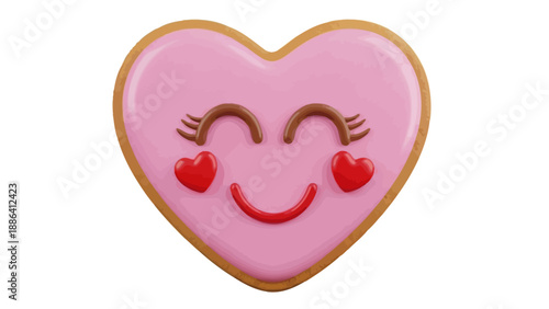 A heart-shaped cookie with a smiling face and hearts for eyes, isolated on a plain background