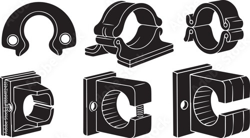 Industrial Pipe Clamp and Fitting Illustrations in Black and White