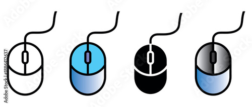 Diverse set of wired computer mouse icons in outline, filled, and gradient styles