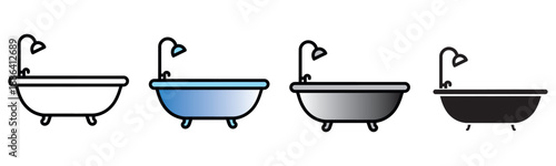 Different styles of bathtub with shower icons for bathroom design and hygiene concepts