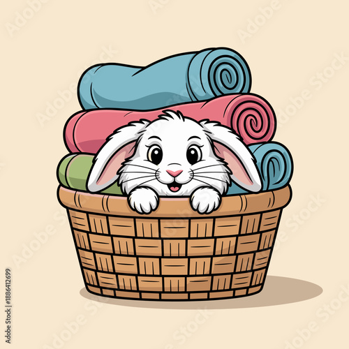 Cartoon rabbit peeking from a basket with rolled blankets
