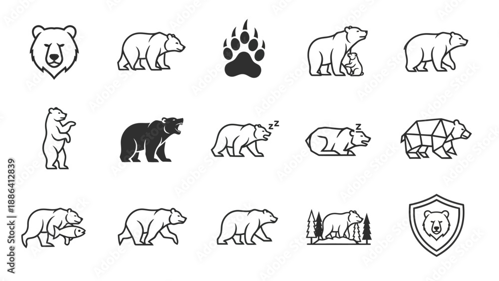 Fototapeta premium Collection of stylized bear icons and illustrations in various poses.