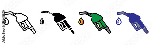 Fuel pump nozzle icon set displaying various styles of gasoline dispenser with drop