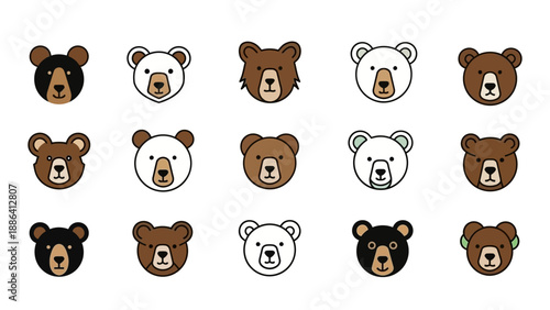 Collection of stylized bear faces in various colors and styles.