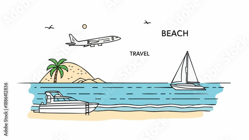 Tropical island beach with airplane and boats on the ocean.