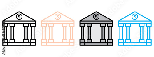 Collection of bank building icons representing finance and secure transactions
