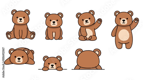 Cute Cartoon Bear Characters in Various Poses.