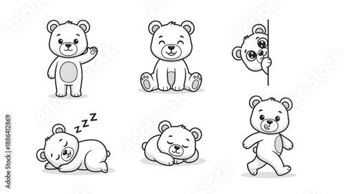Cute cartoon bear illustrations in various poses and actions.
